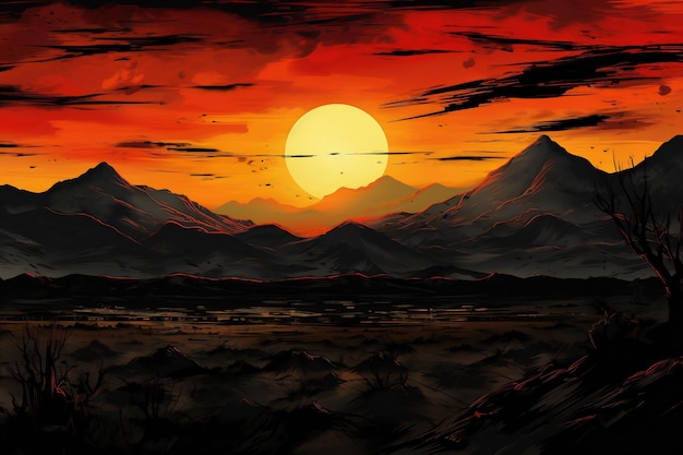 Sunset over the mountains Digital art painting Illustration