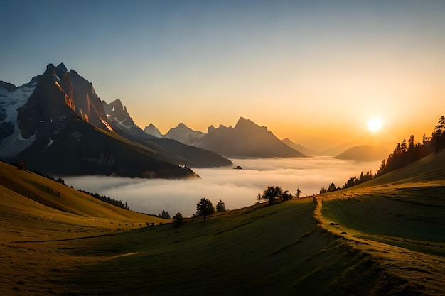 A sunset over the mountains in the dolomites