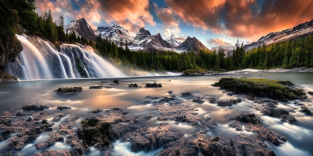 sunset mountains glaciers waterfalls