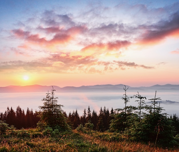 산 풍경에 일몰입니다.