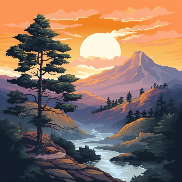 Sunset in the mountains and mountain rive