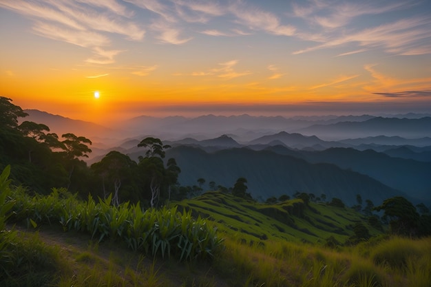 Sunset over the mountains and the mountains