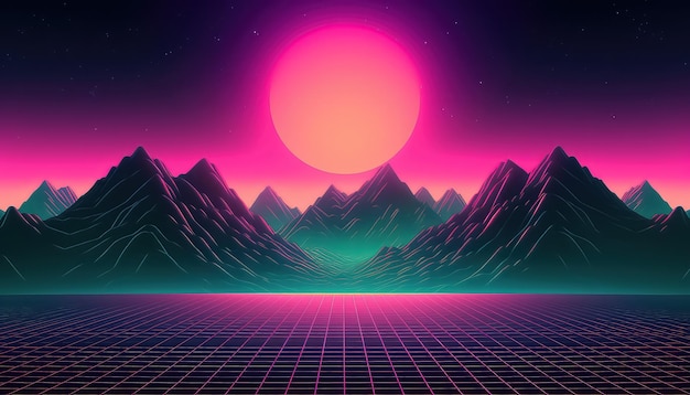 Sunset in the mountains in neon color spring concept