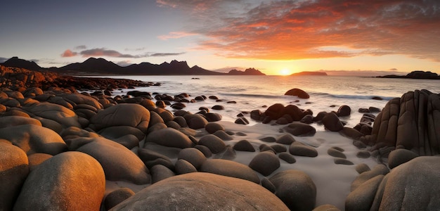 A sunset over the mountains and the ocean