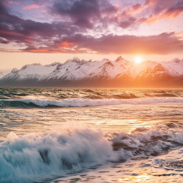 Photo a sunset over the mountains and the ocean