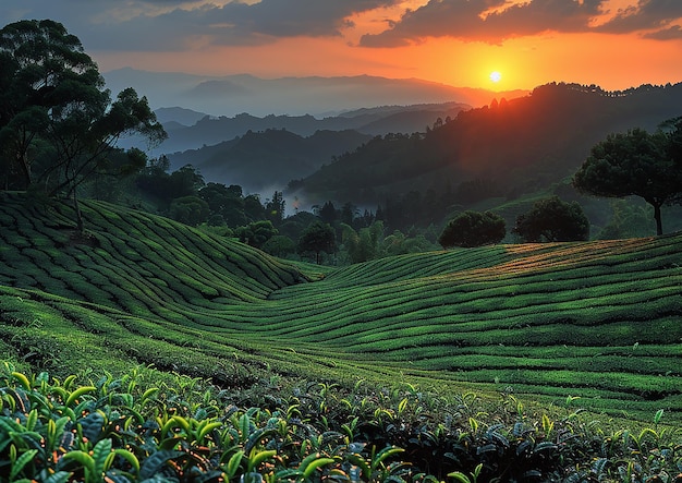 a sunset over the mountains and rice fields