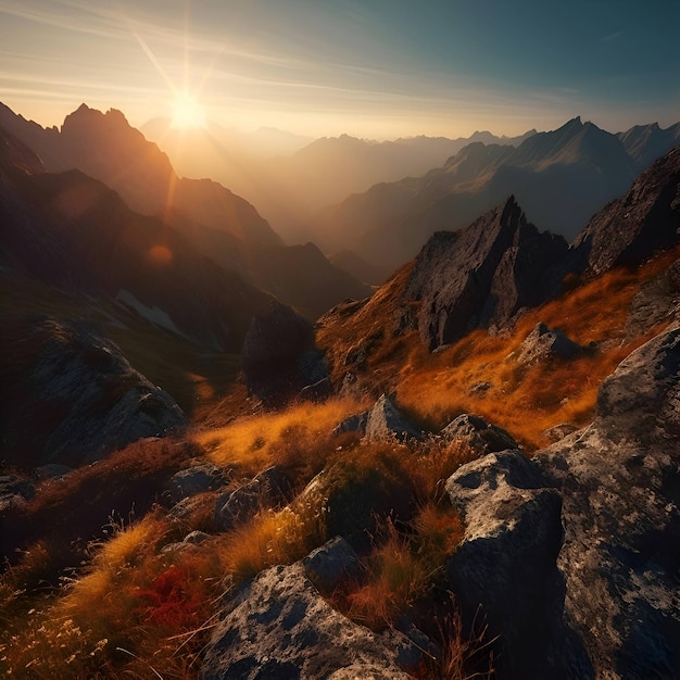 山の夕暮れ 山の日の出 山の風景