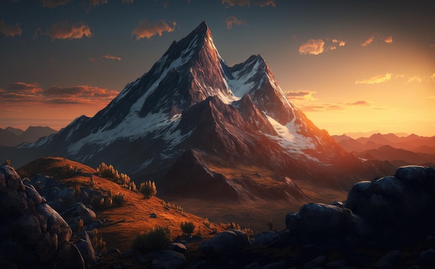 Sunset in the mountains wallpapers mountain landscape background mountain peak ai generated