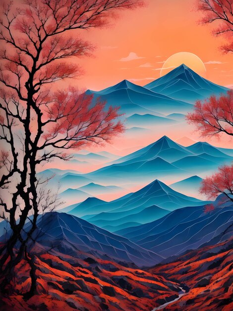 Sunset in the mountains with bright colors