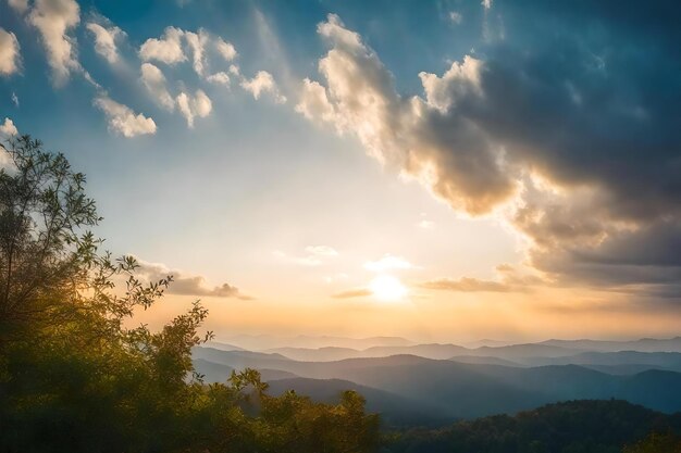 Sunset over the mountains with clouds