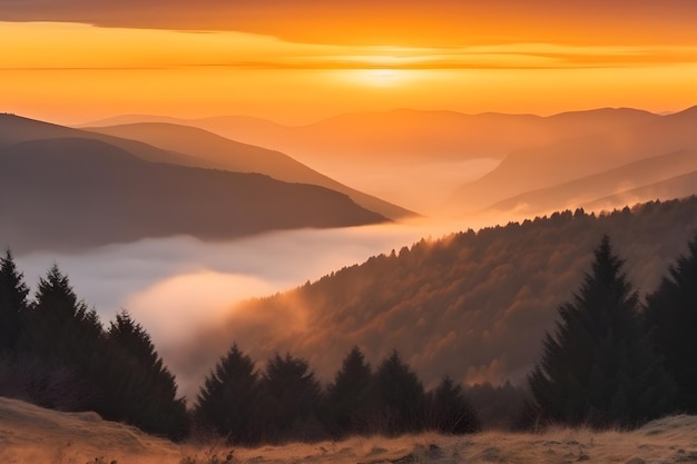 Sunset over the mountains with a golden sky and clouds