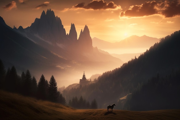 A sunset in the mountains with a horse in the foreground