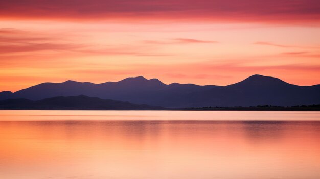 Sunset over mountains with lake and background mountains