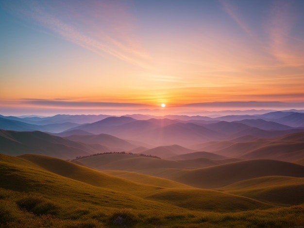 山を背景に山に沈む夕日