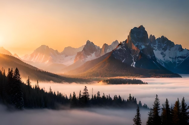 A sunset over the mountains with a mountain in the background