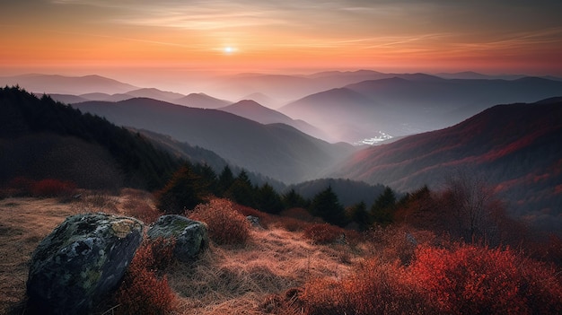 A sunset in the mountains with a mountain in the background