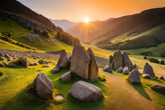 Sunset over the mountains with rocks in the foreground