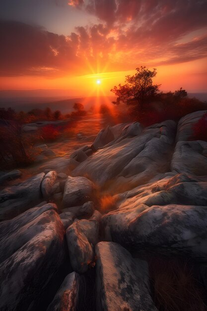 Photo a sunset over the mountains with the sun setting behind it