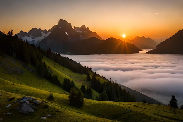 A sunset over the mountains with the sun setting behind it