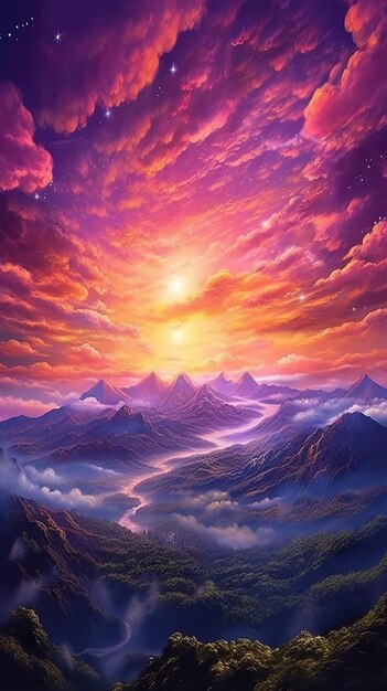a sunset over the mountains with the sun setting behind them