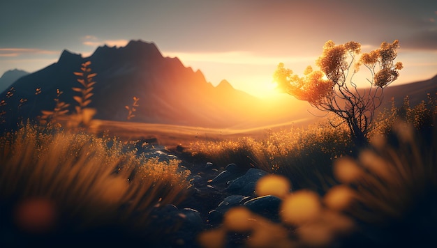 Sunset in the mountains with a tree in the foreground