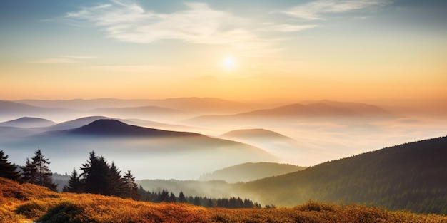 A sunset in the mountains with a tree in the foreground