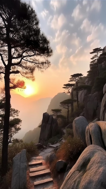 前景に木がある山の夕日