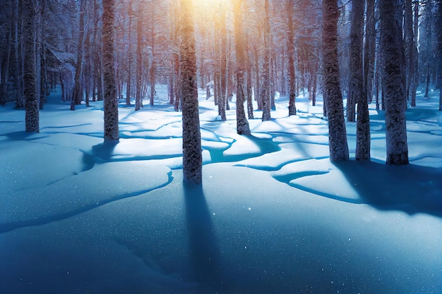 Sunset in mystical winter forest thicket 3d art work nature\
background