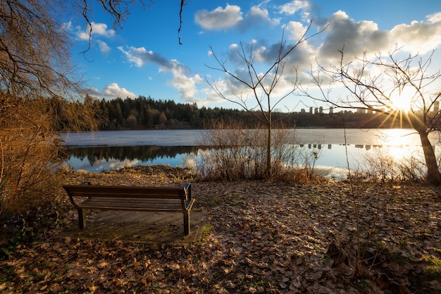 Sunset nature view and a bench in Deer Lake