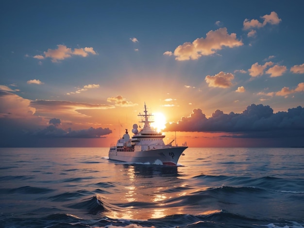 Sunset Over a Navy Ship on the Open Sea 3D Rendering