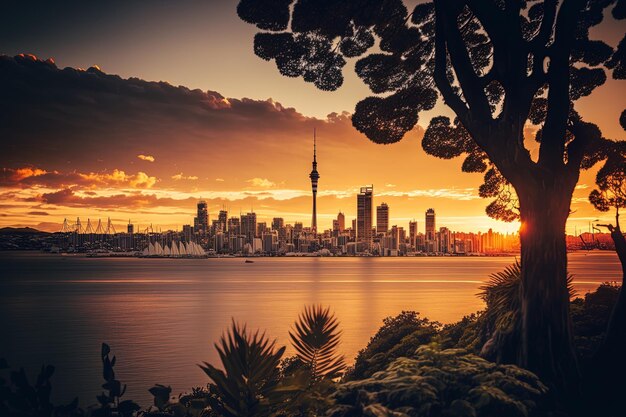 Sunset in New Zealand with the Auckland Sky Tower and the citys skyline