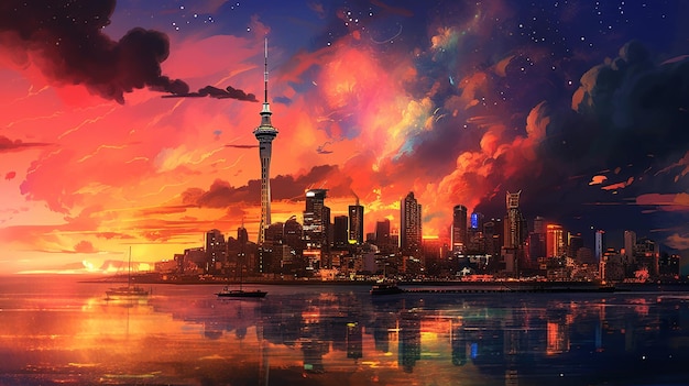 Sunset in New Zealand with the Auckland Sky Tower Generative AI