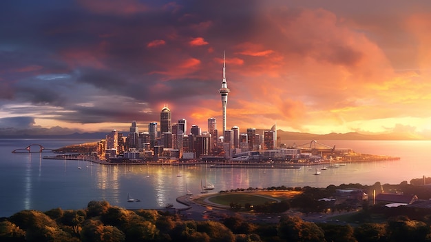 Закат в Новой Зеландии с генеративным искусственным интеллектом Auckland Sky Tower