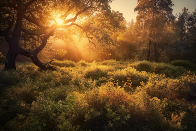 Sunset in the oak forest Beautiful autumn landscape with sun rays