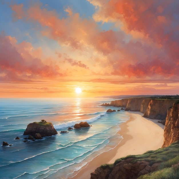 Sunset Over Ocean and Beach by Cliff