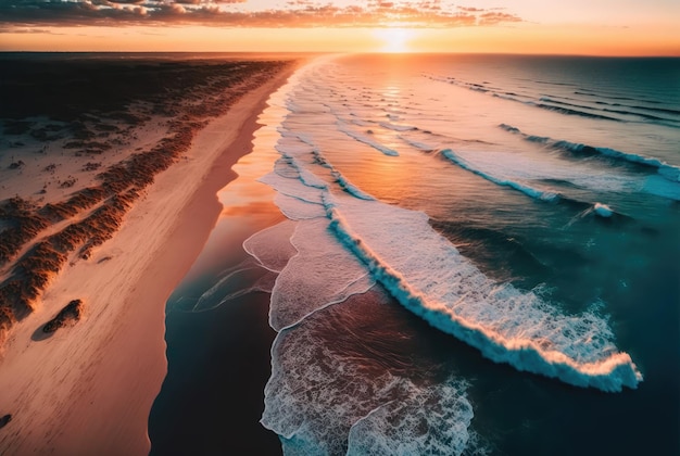 A sunset over the ocean with a beach in the background