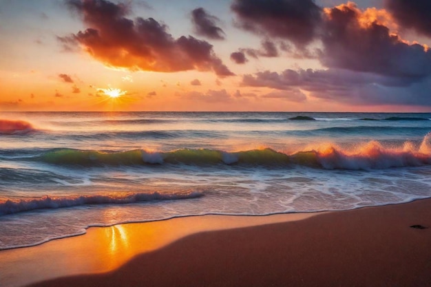 a sunset over the ocean with a beach and clouds in the sky