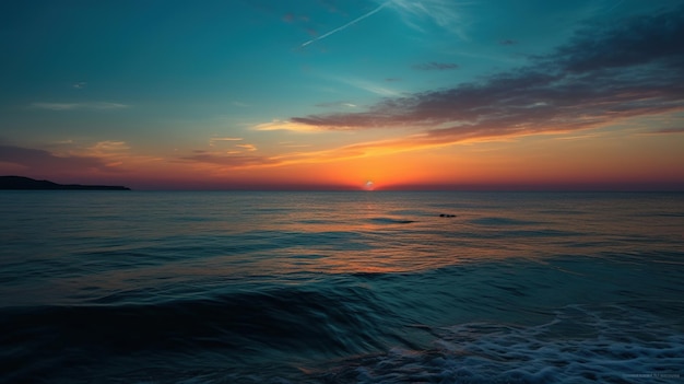 青い空と波のある海に沈む夕日