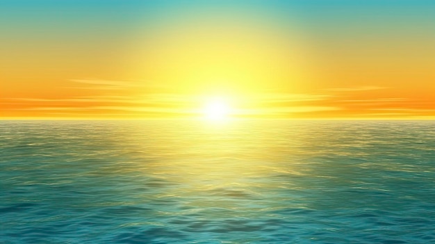 A sunset over the ocean with a blue sky and a yellow sunburst in the background.