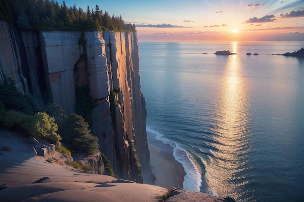 A sunset over the ocean with a cliff and a cliff with a cliff in the background.