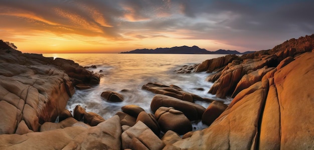 A sunset over the ocean with a cloudy sky