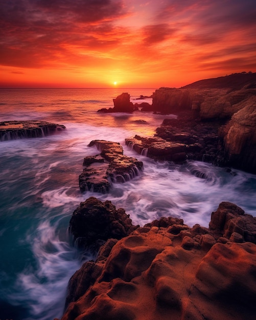 A sunset over the ocean with a colorful sky and waves