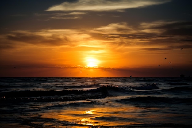 A sunset over the ocean with a few birds in the sky