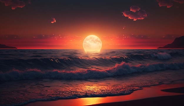 A sunset over the ocean with a full moon in the sky