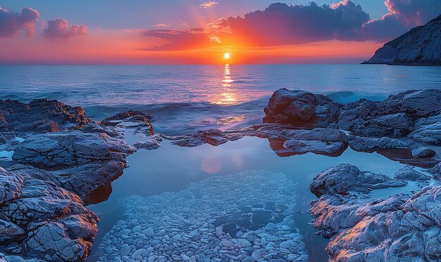 a sunset over the ocean with a hole in the middle of it