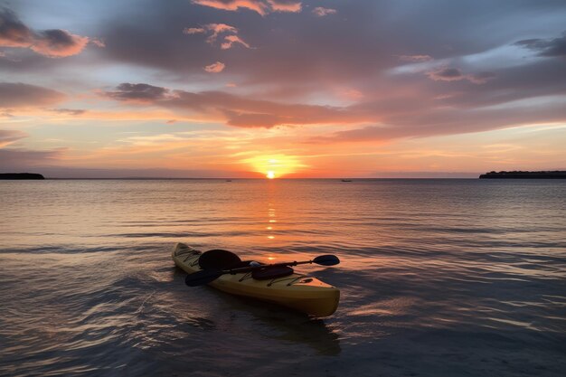 生成 AI で作成された前景のカヤックと海に沈む夕日