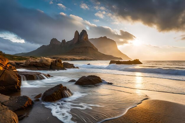 A sunset over the ocean with a mountain in the background