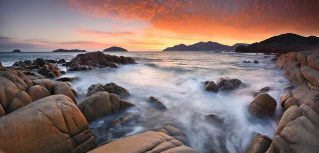 A sunset over the ocean with a mountain range in the background.