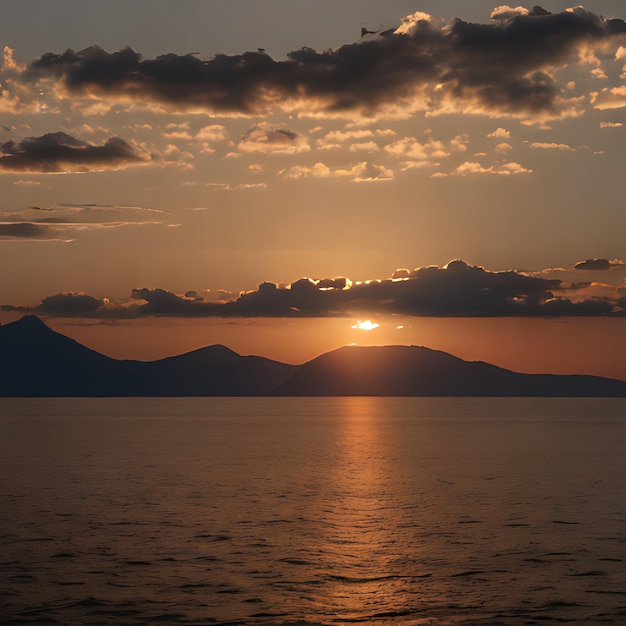 a sunset over the ocean with mountains in the background