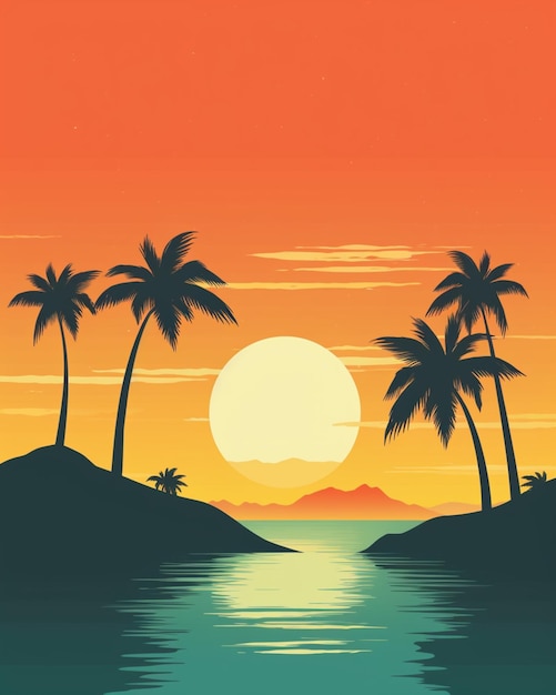 Photo sunset over the ocean with palm trees and a boat generative ai